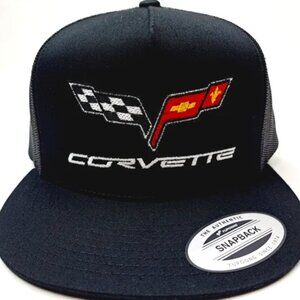 Chevy Corvette Flat Bill Trucker Mesh Snapback Hat Cap Black Embroidery